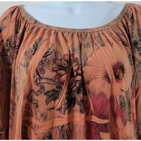 Avenue Orange Green Floral Print Pleated Top 22 24 Lightweight Soft Stretchy - Picture 5 of 7
